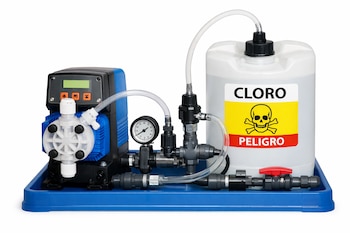 Sistema de bomba dosificadora de cloro azul y negro, con un bidón blanco etiquetado "CLORO PELIGRO" y símbolo de calavera, sobre una bandeja azul.