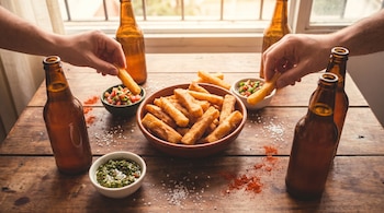 Fuente con bastones fritos, recipientes con salsas, botellas de cerveza y dos manos alcanzando la comida sobre una mesa de madera.