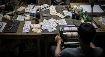 Vista aérea de una mesa de trabajo con billetes impresos, herramientas y tintas, mientras una persona opera una máquina de impresión.