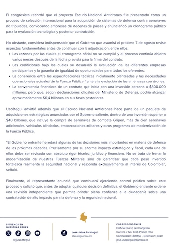 José Jaime Uscátegui advirtió sobre opacidad y pidió transparencia en la contratación del sistema nacional antidrones - crédito Prensa José Jaime Uscátegui