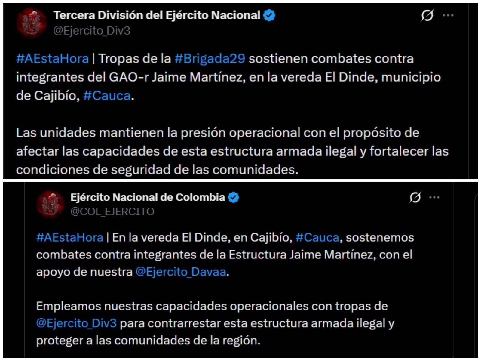 La Tercera División del Ejército Nacional mantiene operaciones para contrarrestar la estructura armada en el departamento del Cauca - crédito @Ejercito_Div3; @COL_EJERCITO / X