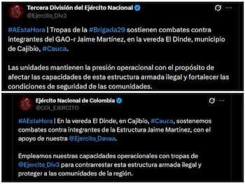 La Tercera División del Ejército Nacional mantiene operaciones para contrarrestar la estructura armada en el departamento del Cauca - crédito @Ejercito_Div3; @COL_EJERCITO / X