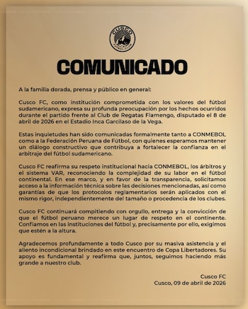 Cusco FC – Flamengo – Copa Libertadores 2026 – Perú – deportes – 9 abril