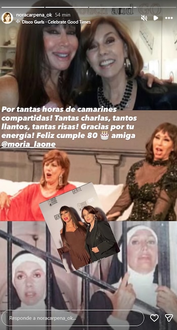 Collage de varias fotografías de Moria Casán con otras mujeres en distintas escenas; un texto de saludo por su cumpleaños número ochenta