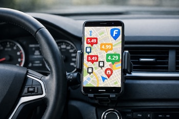 Un teléfono móvil con una aplicación de mapa que muestra precios de combustible en varias estaciones de servicio, montado en el tablero de un auto.