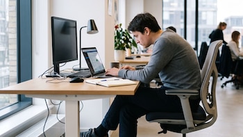 Un hombre sentado en una silla de oficina teclea en una computadora portátil junto a un monitor, un teclado, un ratón y una libreta