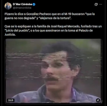 D’mar Córdoba cuestionó las referencias estatales a Carlos Pizarro y recordó el secuestro y asesinato de José Raquel Mercado, además de la toma del Palacio de Justicia en 1985 por la guerrilla - crédito @dmarcordoba / X