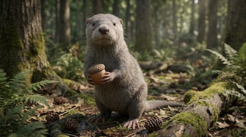 Una nutria de pelaje gris claro está de pie sobre sus patas traseras, sujetando una bellota marrón con sus patas delanteras en un bosque verde con árboles y musgo.