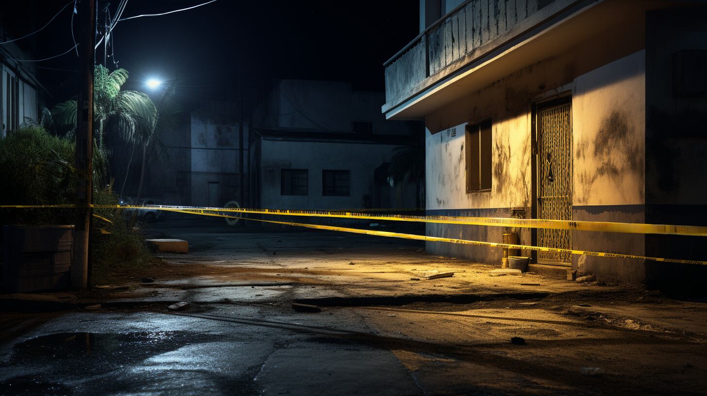Bajo la luz artificial, la cinta policial amarilla delimita un escenario nocturno enigmático. La fusión entre la oscuridad y el amarillo crea una atmósfera misteriosa. - (Imagen ilustrativa Infobae)
