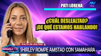 Una mujer con cabello claro sostiene un teléfono móvil junto a su oreja; el fondo morado tiene texto amarillo, logos de Magaly TV y ATV