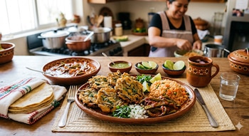 Vista cercana de una mesa de madera con un plato de tortitas de charales, arroz rojo, nopalitos, cilantro y cebolla, y una mujer cocinando al fondo