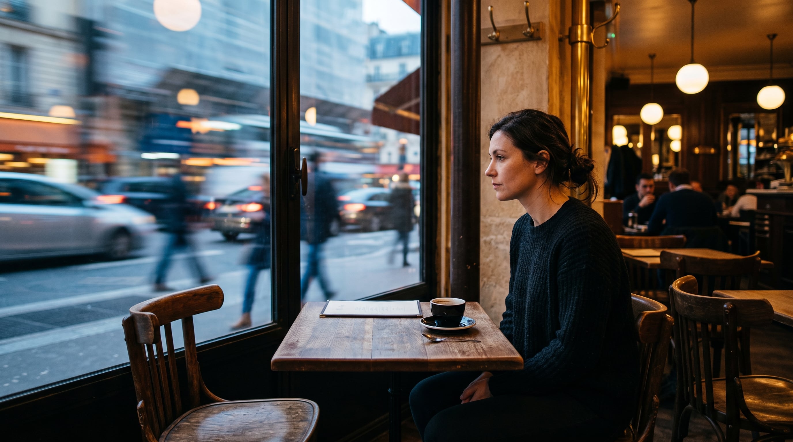 Una mujer observa una silla vacía frente a su mesa en una cafetería mientras el tráfico urbano circula a gran velocidad al otro lado del ventanal. (Imagen Ilustrativa Infobae)