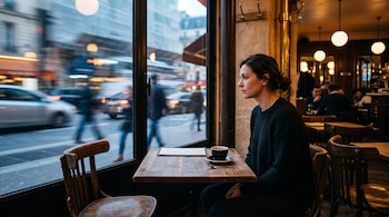 Mujer sentada en un restaurante junto a una ventana con tráfico borroso, frente a una mesa con un café y una silla vacía.