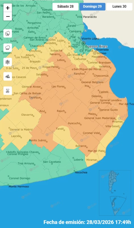 Para el domingo, el SMN emitió un alerta amarilla y naranja para vastas regiones de la provincia de Buenos Aires. En la imagen, se ilustran los municipios afectados