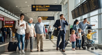 Múltiples viajeros de distintas edades caminan por una terminal de aeropuerto. Se ven maletas, grandes ventanas, pantallas de vuelos y un avión despegando.