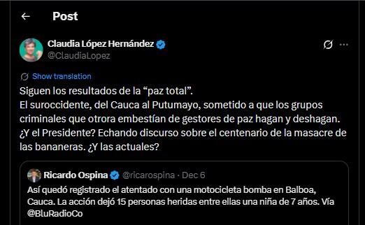 Claudia López lanzó duras críticas al presidente Gustavo Petro - crédito @ClaudiaLopez