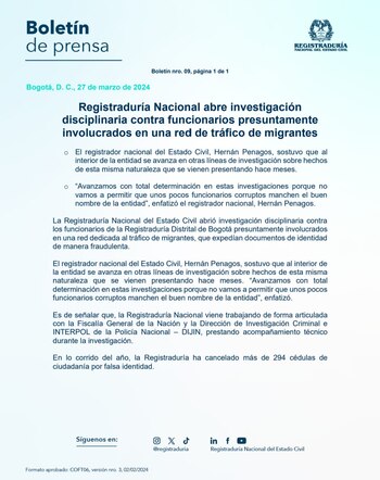 La entidad anunció la apertura de una investigación disciplinaria en contra de los funcionarios que estarían involucrados en una red de tráfico de personas - crédito Registraduría Nacional del Estado Civil