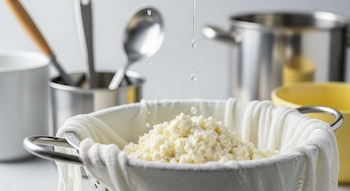 Ricota fresca en un colador metálico cubierto con un paño blanco mientras caen gotas de suero. Utensilios de cocina y una olla metálica borrosa en el fondo.
