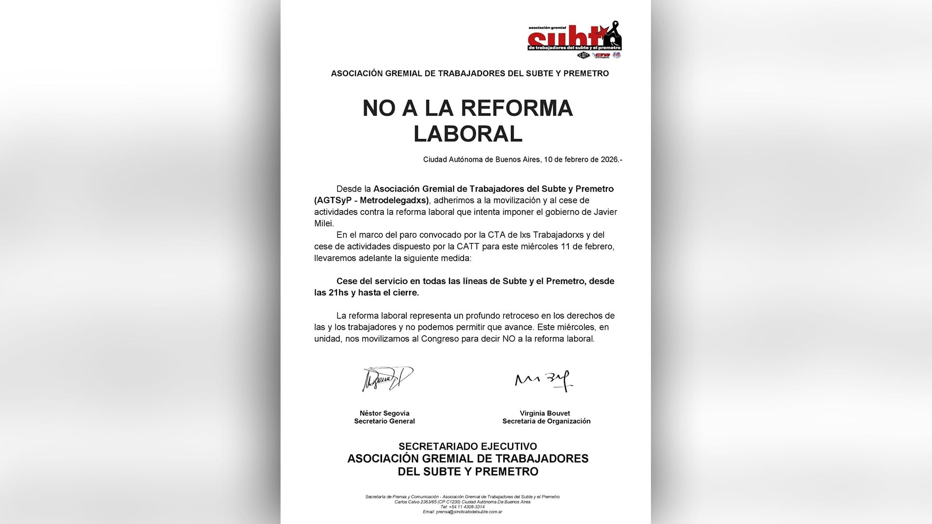 El comunicado difundido por la AGTSyP.