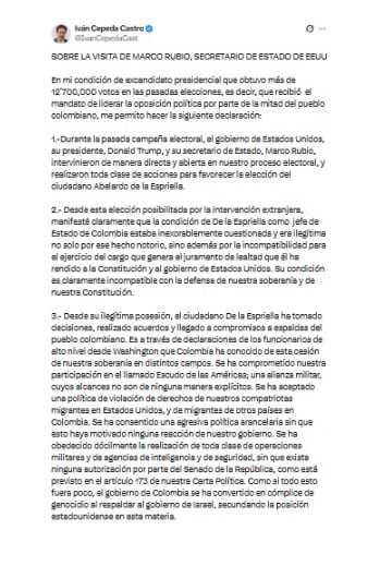 Con un extenso pronunciamiento en redes sociales, el senador Iván Cepeda elevó sus críticas a Abelardo de la Espriella - crédito @IvanCepedaCast/X