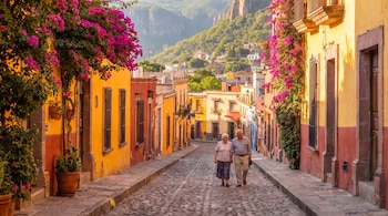 Una pareja de ancianos camina por una calle empedrada. Hay casas de colores, buganvilias rosadas y montañas verdes al fondo. El sol ilumina la escena.