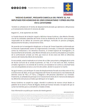 La Fiscalía señaló a Mocho Olmedo por el presunto reclutamiento ilícito de 31 menores para estructuras armadas con presencia en Catatumbo - crédito Fiscalía General de la Nación