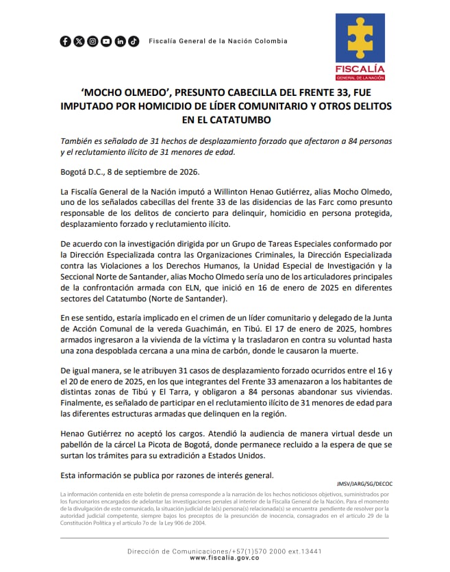 La Fiscalía señaló a Mocho Olmedo por el presunto reclutamiento ilícito de 31 menores para estructuras armadas con presencia en Catatumbo - crédito Fiscalía General de la Nación