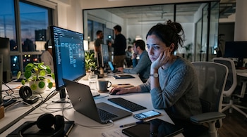 Una mujer sentada frente a una computadora portátil y un monitor de escritorio, con un teléfono celular y auriculares sobre la mesa de una oficina.
