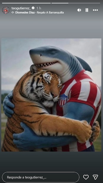 La historia de Teófilo Gutiérrez en la que uno de los máximos símbolos, el Tiburón, de su equipo, Junior, abraza a una de las cosas representativas de Abelardo De La Espriella, el Tigre - crédito @teogutierrez_/Instagram