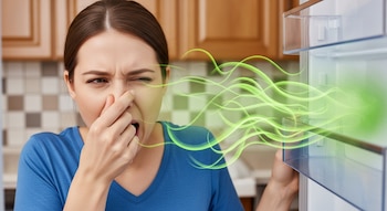 Persona se tapa la nariz al abrir un refrigerador del que salen líneas verdes que ilustran mal olor.
