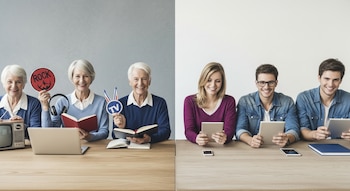 Tres adultos mayores con libros, auriculares y símbolos retro, y tres jóvenes con tablets y smartphones, sentados en una mesa de madera con fondo dividido.