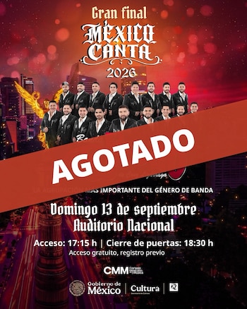 Cartel del evento México Canta 2026 con integrantes de la Banda El Recodo en trajes oscuros y una franja roja cruzada con la palabra Agotado