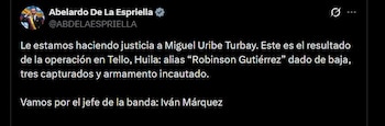 El presidente Abelardo de la Espriella afirmó que la fuerza pública mantendrá las acciones contra alias Iván Márquez - crédito @ABDELAESPRIELLA / X