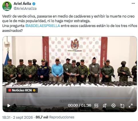 Ariel Ávila cuestionó el recorrido del mandatario entre cadáveres tras operativo militar - crédito @ArielAnaliza/X