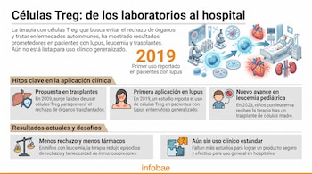 Infografía de células Treg con ilustraciones de microscopio, células, corazón, riñones, hígado, paciente, balanza y piezas de rompecabezas.