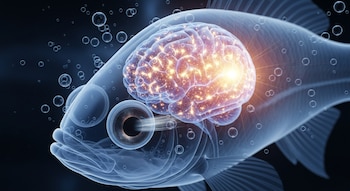 Una ilustración digital muestra un pez cebra transparente con su cerebro brillante y activo, un ojo con líneas de movimiento y burbujas, sobre un fondo oscuro.