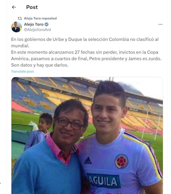 Alejo Toro destacó la victoria de Colombia y arremetió en contra de Álvaro Uribe e Iván Duque - crédito @AlejoToroAnt