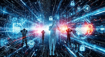 Entorno digital oscuro con una figura humana central de líneas azules y dos siluetas, rodeados de rayos de luz, números binarios, candados y un muro de ladrillos.