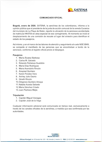 Comunicado de Satena sobre el