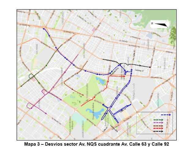 Los desvíos autorizados por la SDM en el cuadrante entre la avenida NQS, la calle 63 y la calle 92 redirigirán el tráfico hacia la Carrera 68, la avenida Boyacá, la avenida Rojas y la calle 80 - crédito Secretaría de Movilidad