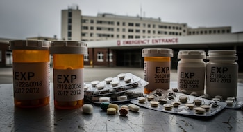 Envases de medicamentos con etiquetas de caducidad, blísteres de pastillas y pastillas sueltas sobre una mesa, con un edificio de hospital de fondo.