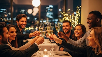 Seis personas, tres hombres y tres mujeres, sonríen y brindan con copas de vino espumoso. Al fondo, se observan luces urbanas y decoración festiva.