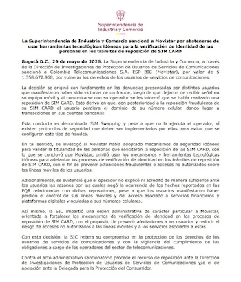 La Superintendencia de Industria y Comercio informó que la sanción contra Movistar se originó por deficiencias en los controles aplicados durante procesos de reposición de tarjetas SIM - crédito SIC