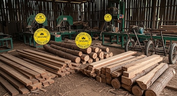 Aserradero con pilas de tablones y troncos de madera, maquinaria industrial para cortar, motores, carros de empuje y sellos oficiales de incautación.