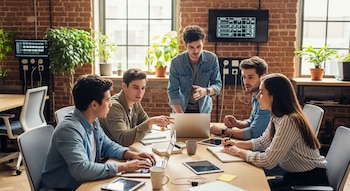 Cinco personas jóvenes sentadas y una de pie alrededor de una mesa de madera, mirando computadoras portátiles y tabletas en una oficina con pared de ladrillo y ventanas grandes.