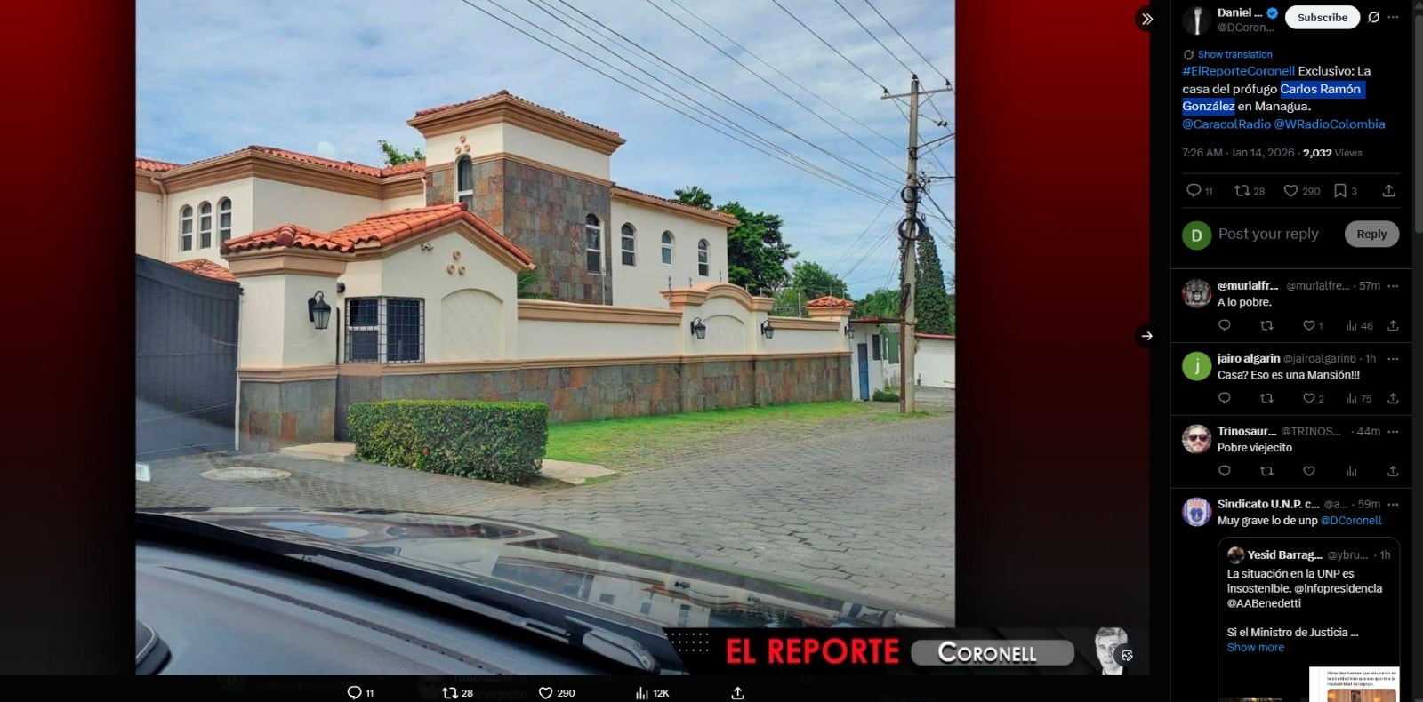 Las condiciones de resguardo para el exdirectivo, sumadas al desconocimiento sobre la propiedad real de la vivienda que ocupa, avivan el debate en torno a la transparencia y el alcance del apoyo ofrecido por funcionarios nicaragüenses y colombianos - crédito captura de pantalla / X
