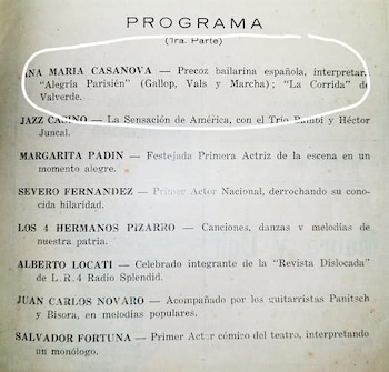 Página impresa con una lista de artistas de un programa teatral que tiene el nombre de Ana María Casanova remarcado con un círculo blanco
