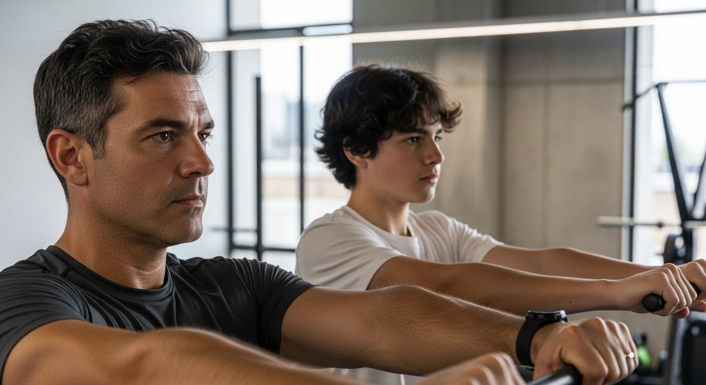 Un hombre adulto y un adolescente realizan ejercicios de remo en máquina en un gimnasio moderno, demostrando concentración y dedicación al entrenamiento físico. La imagen resalta la importancia de la actividad física en familia y el fomento de hábitos saludables desde temprana edad. (Imagen Ilustrativa Infobae)