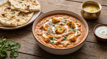 Un bol de Shahi paneer con trozos de queso paneer, salsa anaranjada, anacardos y cilantro fresco, acompañado de pan naan, ghee y dahi sobre madera.