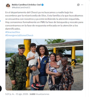 La gobernadora de Chocó, Nubia Carolina Córdoba-Curi, informó sobre el cierre de la fase de búsqueda en el PMU - crédito @NubiaCarolinaCC/X
